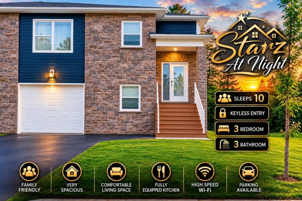 Starz at Night luxury 3-bedroom, 3-bathroom vacation rental in Lantz, Nova Scotia near Halifax Airport (YHZ) – sleeps 10, keyless entry, family-friendly, full kitchen, high-speed Wi-Fi and free parking
